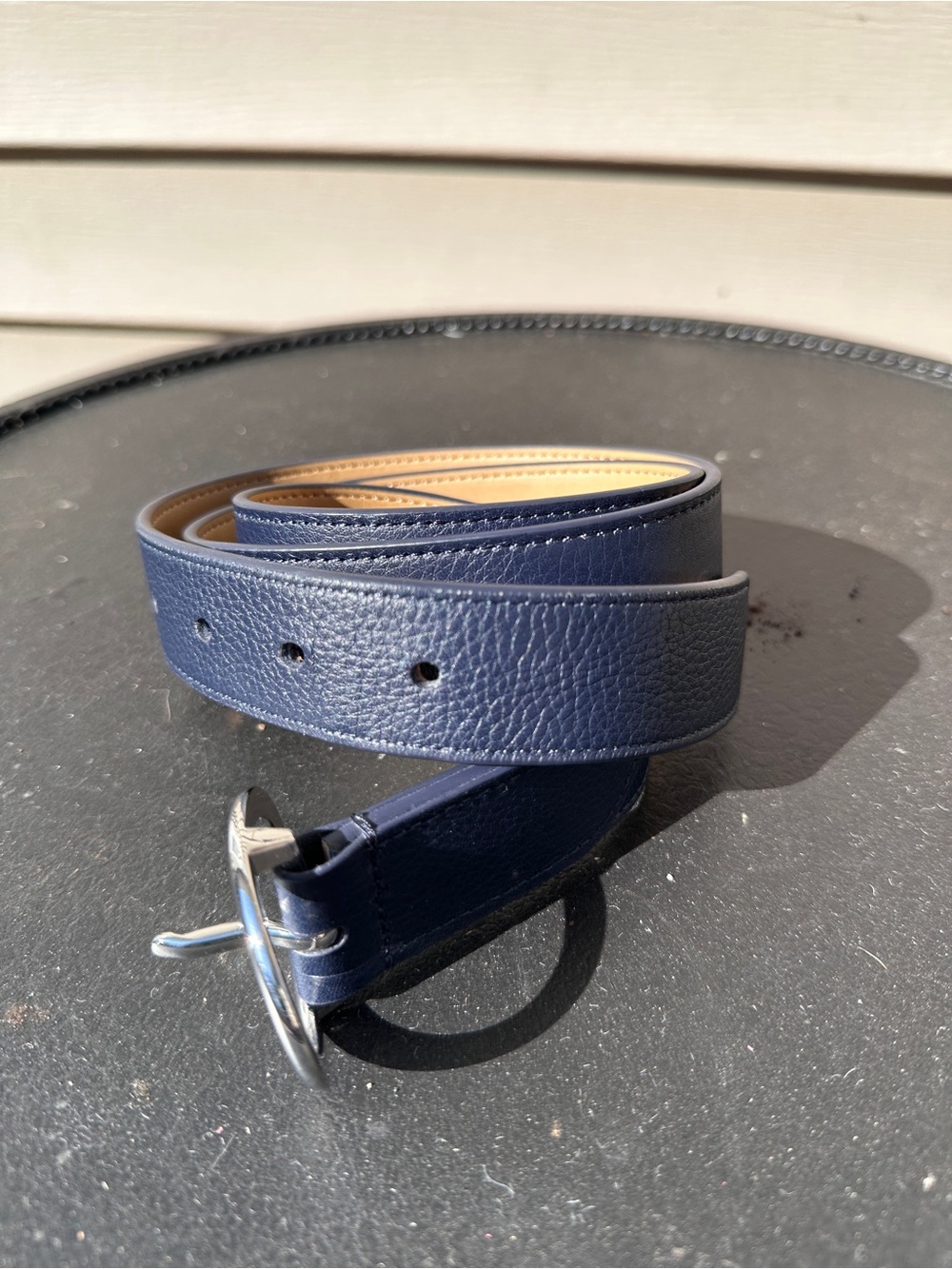 Talbots Navy Pebbled Leather Belt with Silver Round Buckle- Size M